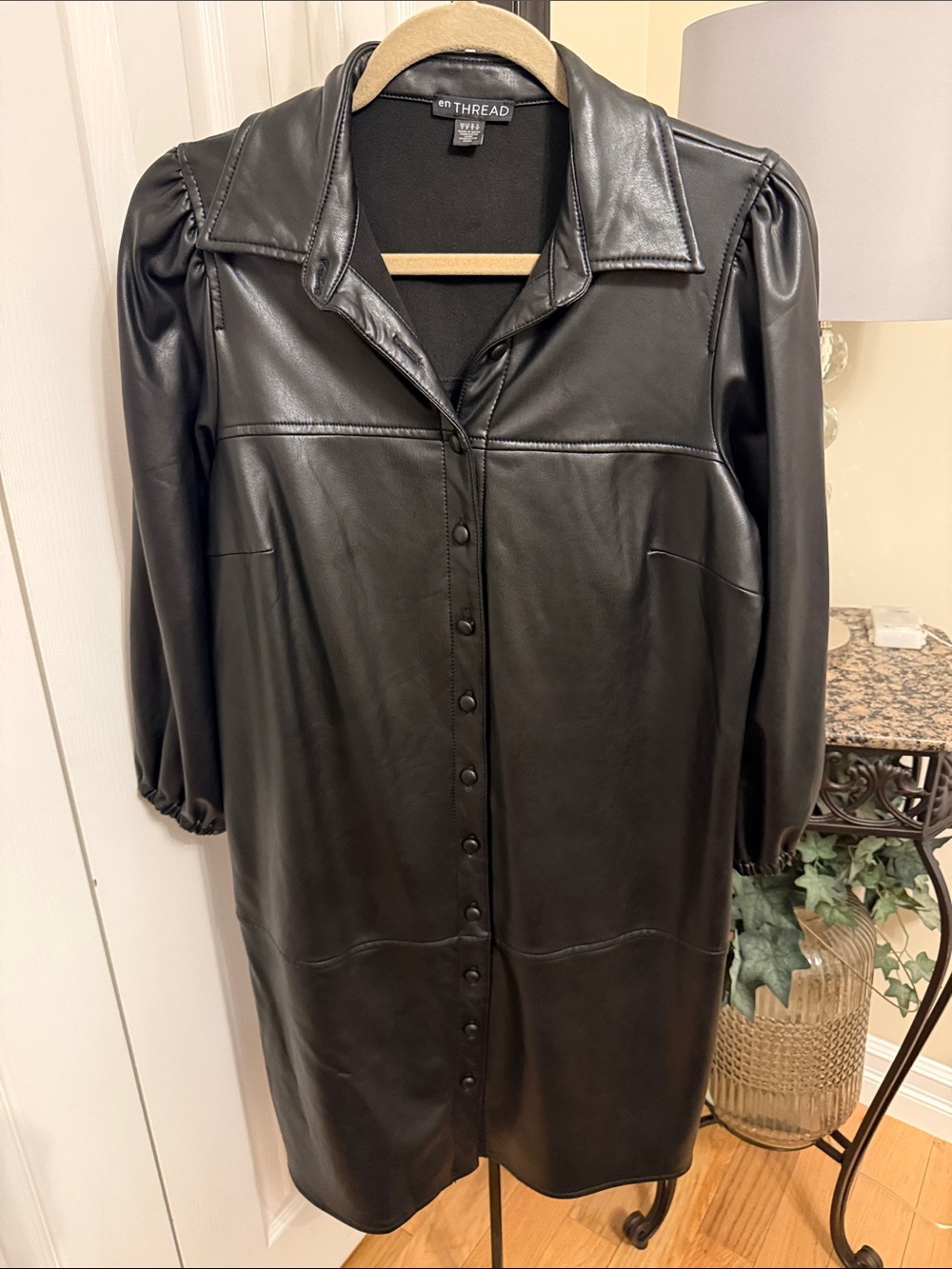 En Thread Faux Leather Button-Front dress
